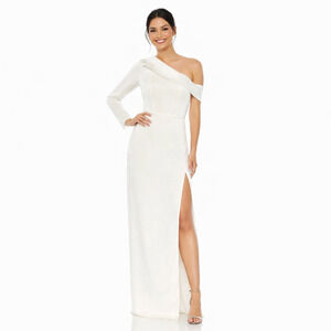 Mac Duggal Ieena Formal Evening Gown Sz 8 White Satin Bridal Dress Wedding Party